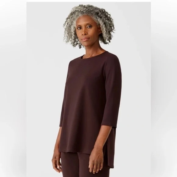 Eileen Fisher Cassis Tencel Tunic Top 3/4 Sleeves Dark Brown Medium FLAW READ - Picture 1 of 13